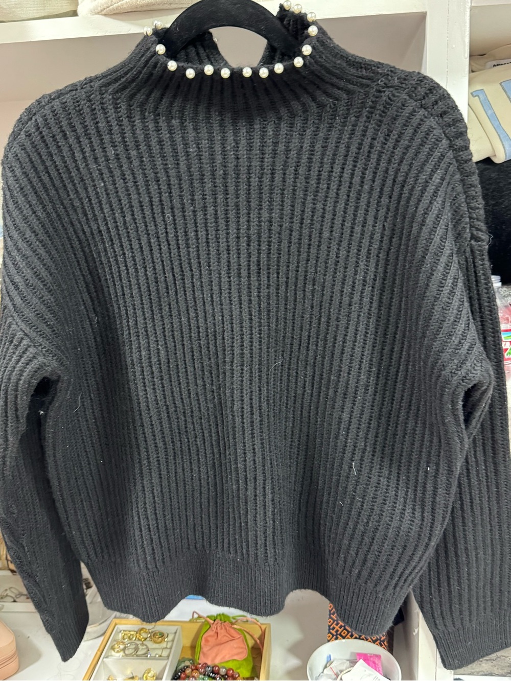 BCBG Black Chunky Knit Pearl Embellished Sweater Size S - Picture 8 of 9